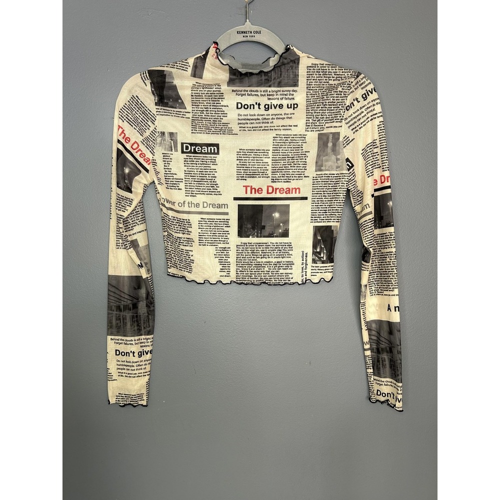 SheIn Shirt Womens S Beige Mesh Sheer Artsy 90s Lettuce Hem Newspaper Crop Top